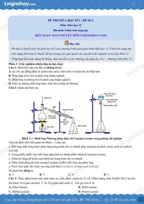 Đề thi giữa kì 1 Hóa 12 Chân trời sáng tạo - Đề số 5